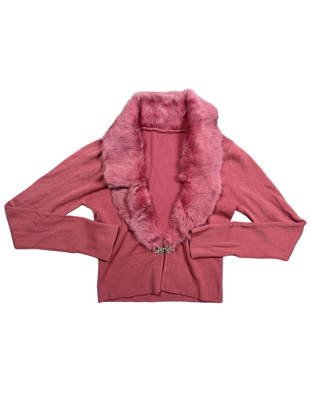 Vintage Pink Real Fur Trim Cardigan Sweater Womens Small Rhinestone Y2K Glam